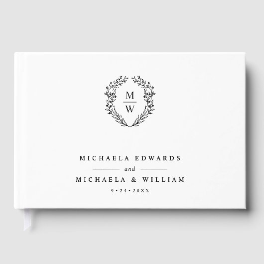 Eenvoudige Elegante Botanische Krans Monogram Huwe Gastenboek (Voorkant)