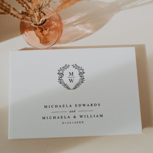 Eenvoudige Elegante Botanische Krans Monogram Huwe Gastenboek