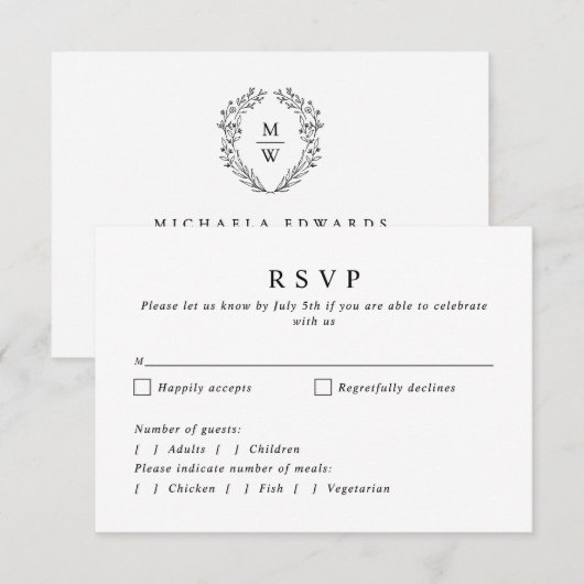 Eenvoudige Elegante Botanische Krans Monogram Huwe RSVP Kaartje (Voorkant / Achterkant)