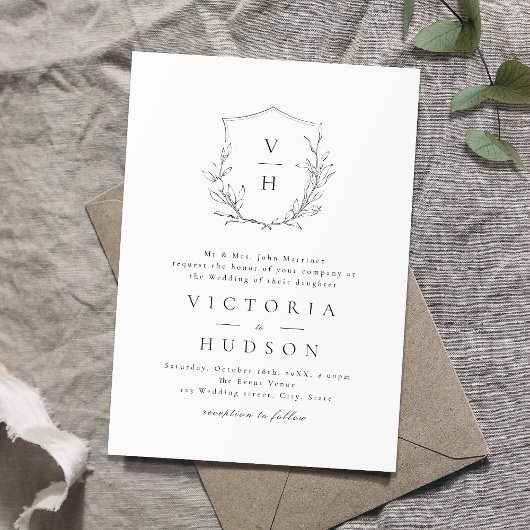 Eenvoudige elegante botanische monogram bruiloft kaart