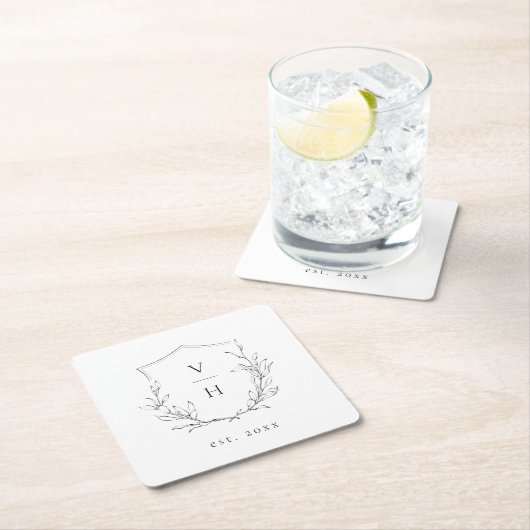 Eenvoudige elegante botanische monogram bruiloft kartonnen onderzetters (Insitu)