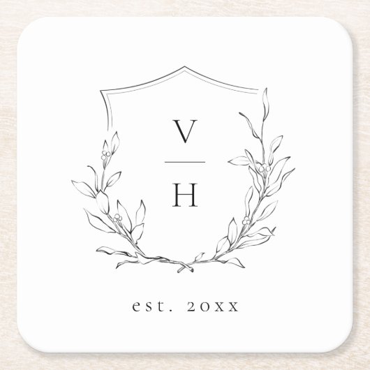 Eenvoudige elegante botanische monogram bruiloft kartonnen onderzetters (Voorkant)