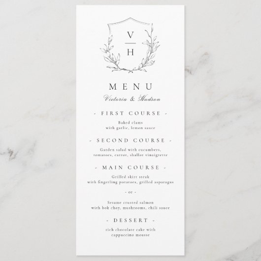 Eenvoudige elegante botanische monogram bruiloft menu (Voorkant)