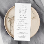 Eenvoudige elegante botanische monogram bruiloft menu<br><div class="desc">Monogrammed-initialen,  omgeven door elegante krest en met de hand geïllustreerde botanische bladeren,  menudetails in elegant script en klassiek lettertype,  eenvoudig en luxe. Geweldig zwart-wit menu voor een moderne klassieke bruiloft,  eenvoudige formele bruiloft,  elegante botanische tuinbruiloft. Bekijk alle overeenkomende stukken in het collectie.</div>