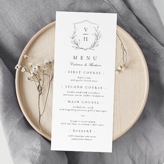 Eenvoudige elegante botanische monogram bruiloft menu