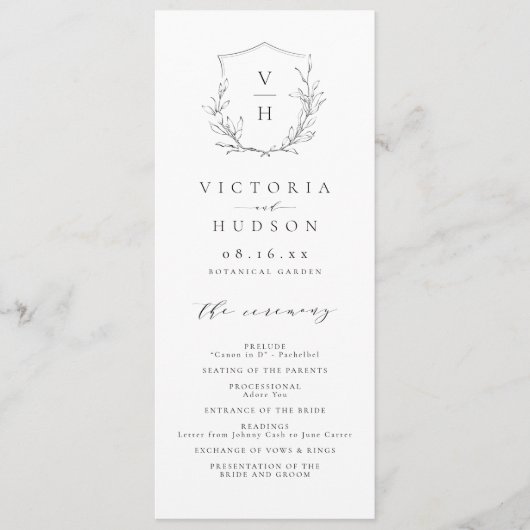 Eenvoudige elegante botanische monogram bruiloft programmakaart (Voorkant)