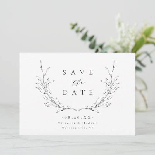Eenvoudige elegante botanische monogram bruiloft save the date (Staand voorkant)