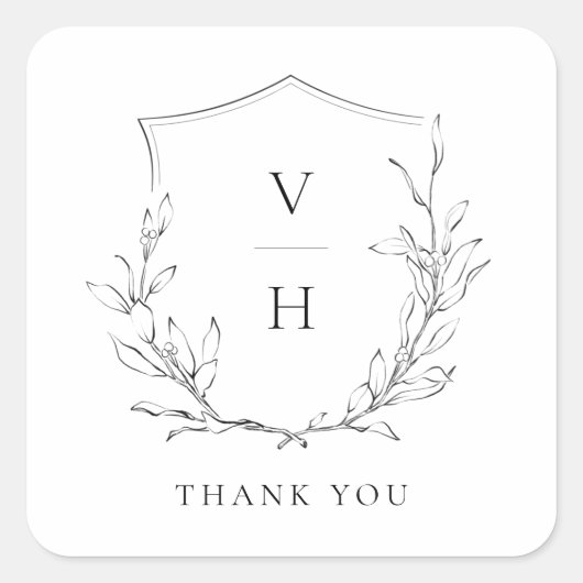 Eenvoudige elegante botanische monogram bruiloft vierkante sticker (Voorkant)