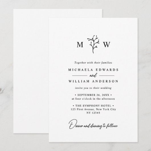 Eenvoudige elegante botanische typografie bruiloft kaart (Voorkant / Achterkant)