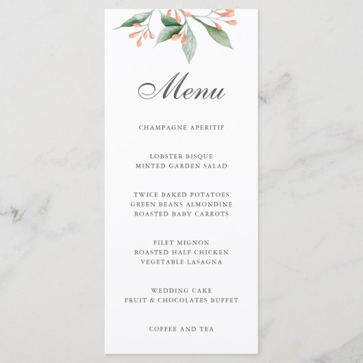 Eenvoudige Elegante Botanische Waterverf Bruiloft Menu (Voorkant)