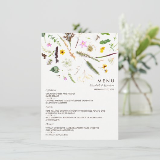 Eenvoudige elegante botanische wilde bloemen bruil menu (Staand voorkant)