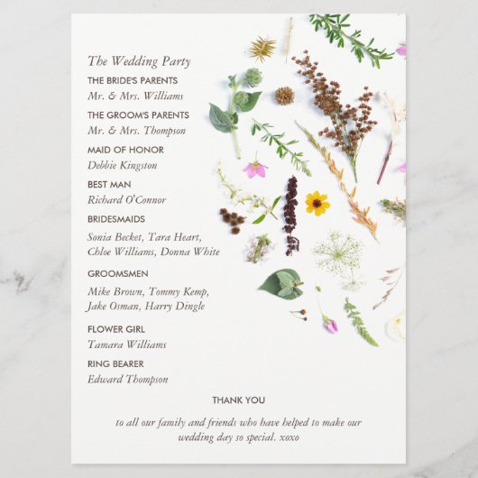 Eenvoudige elegante botanische wilde bloemen bruil programmakaart (Achterkant)