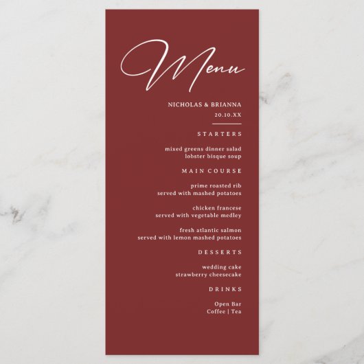 Eenvoudige Elegante Bourgondi Trouw Menu (Voorkant)