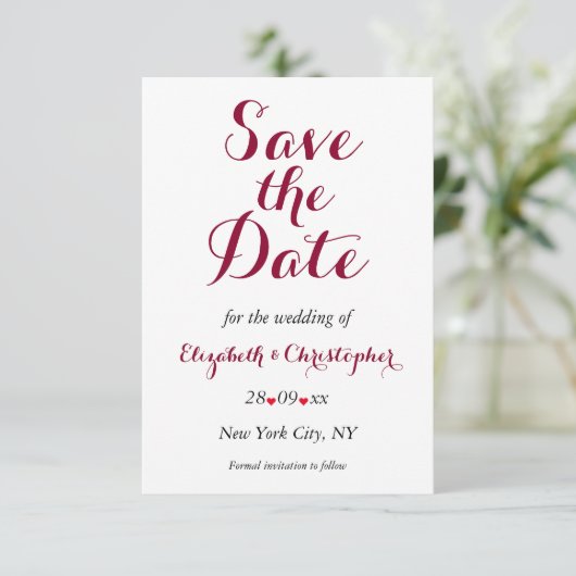 Eenvoudige Elegante Bourgondiër Witte Trouw Verlov Save The Date (Staand voorkant)