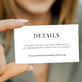 Eenvoudige elegante bruiloft website details informatiekaartje