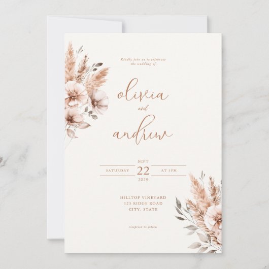 Eenvoudige elegante chique Boheemse bloemenbruilof Kaart (Voorkant)