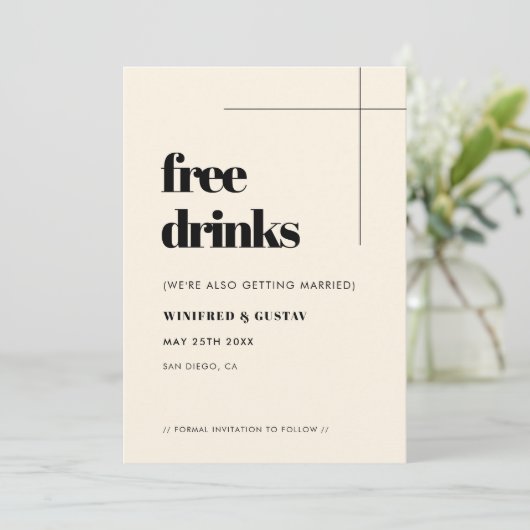 Eenvoudige elegante & chique gratis drinken save the date (Staand voorkant)