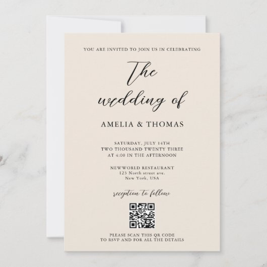 Eenvoudige Elegante Cream Script Foto QR Code Brui Kaart (Voorkant)
