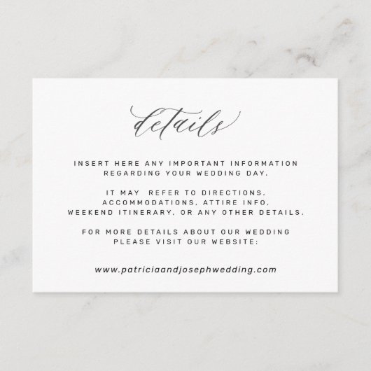 Eenvoudige elegante details over het zwarte en wit informatiekaartje (Voorkant)