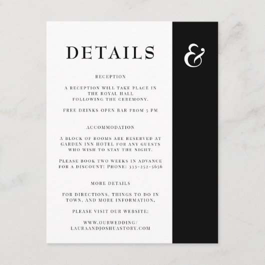 Eenvoudige elegante details over het zwarte en wit informatiekaartje (Voorkant)