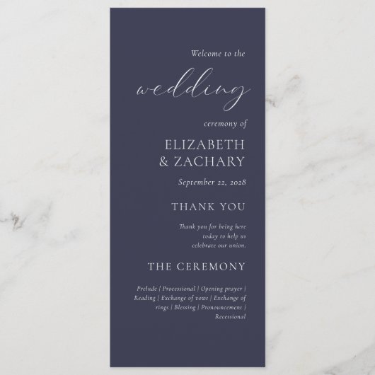 Eenvoudige elegante donkere marineblauwe bruiloft programmakaart (Voorkant)