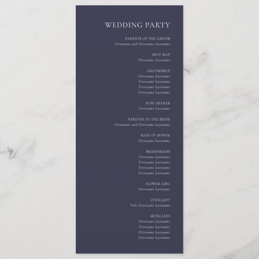 Eenvoudige elegante donkere marineblauwe bruiloft programmakaart (Achterkant)