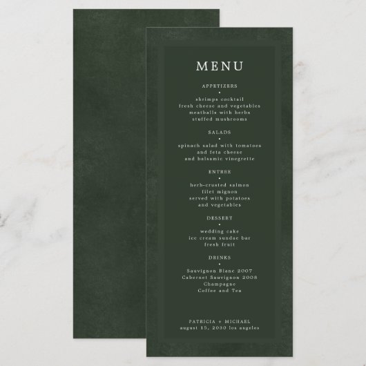Eenvoudige elegante donkergroene bruiloft menu (Voorkant / Achterkant)