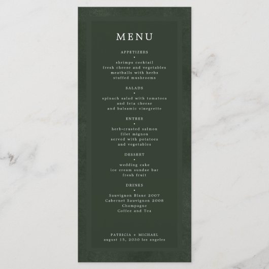 Eenvoudige elegante donkergroene bruiloft menu (Voorkant)
