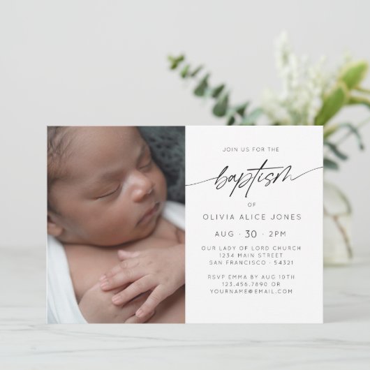 Eenvoudige elegante doop doopsel script foto kaart (Staand voorkant)