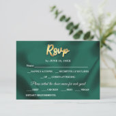 Eenvoudige Elegante Emerald Green & Gold Script We RSVP Kaartje (Staand voorkant)