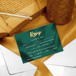 Eenvoudige Elegante Emerald Green & Gold Script We RSVP Kaartje