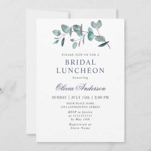 Eenvoudige Elegante Eucalyptus Bridal Luncheon Kaart (Voorkant)