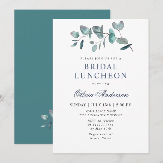 Eenvoudige Elegante Eucalyptus Bruiloftslunch Kaart (Voorkant / Achterkant)