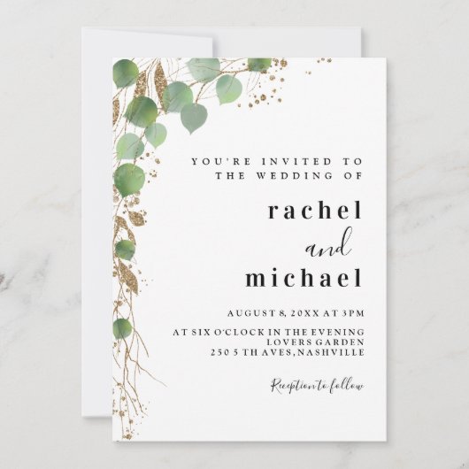 Eenvoudige elegante eucalyptus glitter-uitnodiging kaart (Voorkant)