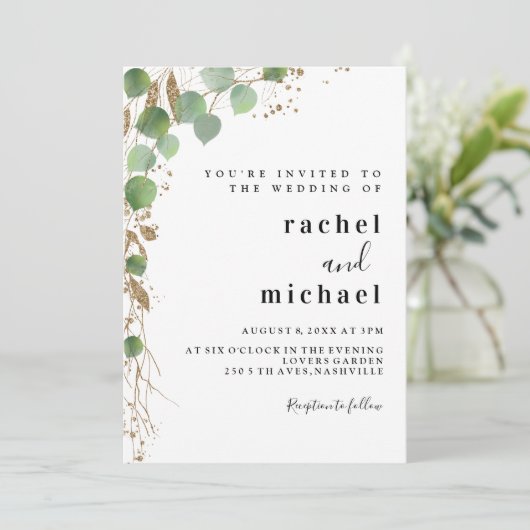 Eenvoudige elegante eucalyptus glitter-uitnodiging kaart (Staand voorkant)