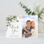 Eenvoudige Elegante Eucalyptus groen bruiloft FOTO Bedankkaart (Staand voorkant)