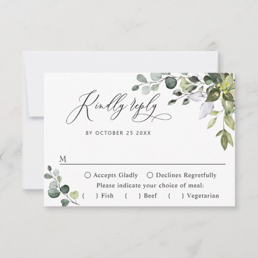 Eenvoudige Elegante Eucalyptus MAALTIJD KEUZE Brui RSVP Kaartje (Voorkant)