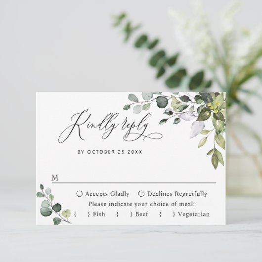 Eenvoudige Elegante Eucalyptus MAALTIJD KEUZE Brui RSVP Kaartje (Staand voorkant)