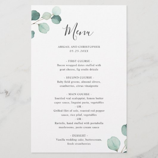 Eenvoudige Elegante Eucalyptus Rustieke Trouwmenu (Voorkant)