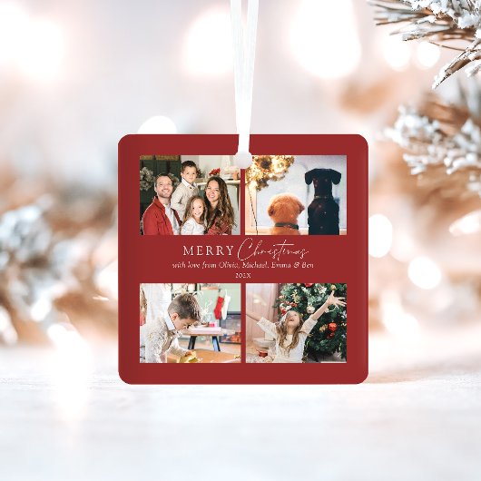 Eenvoudige Elegante Familie 4 Foto Collage Kerstmi Metalen Ornament