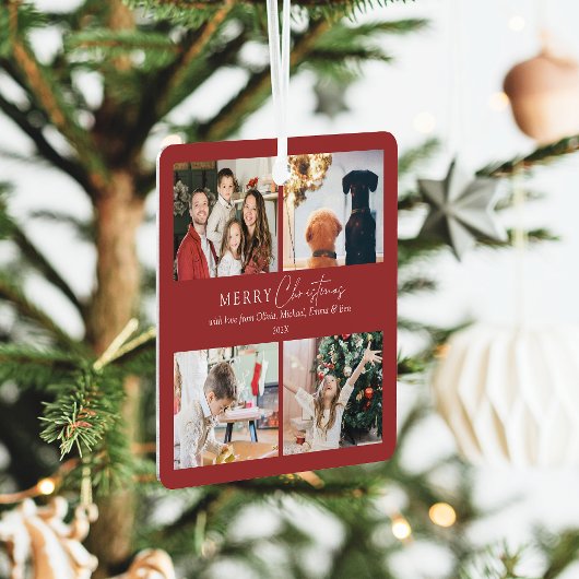 Eenvoudige Elegante Familie 4 Foto Collage Kerstmi Metalen Ornament