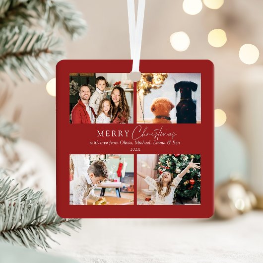 Eenvoudige Elegante Familie 4 Foto Collage Kerstmi Metalen Ornament