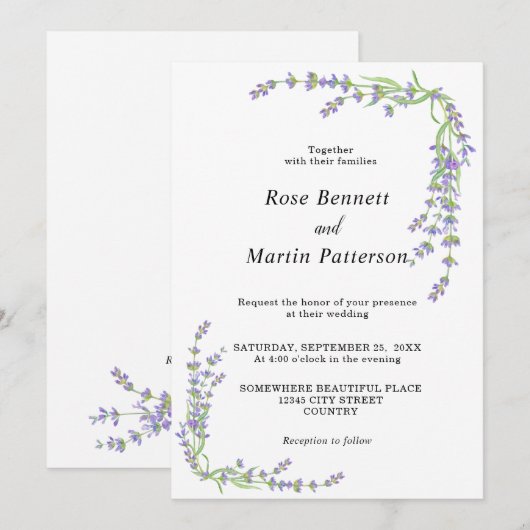 Eenvoudige elegante floral minimalist lavender bru kaart (Voorkant / Achterkant)