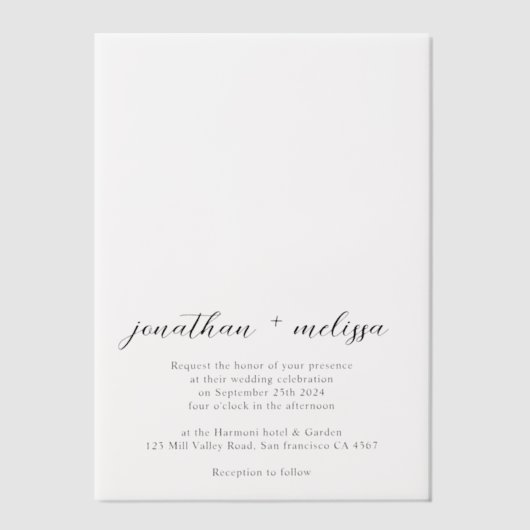 Eenvoudige elegante Flowy Script Overlay bruiloft Vellum Uitnodigingen (Voorkant)