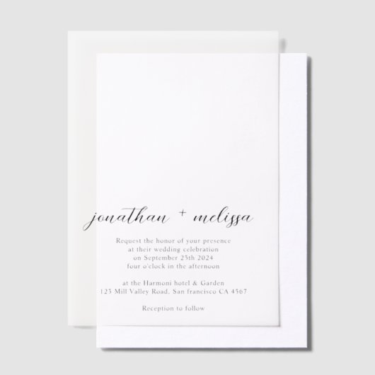 Eenvoudige elegante Flowy Script Overlay bruiloft Vellum Uitnodigingen (Offset)