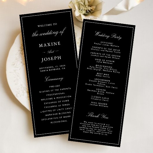 Eenvoudige Elegante Formele Zwarte & Witte Bruilof Programmakaart