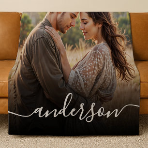 Eenvoudige Elegante Foto & Elegante Script Aangepa Fleece Deken