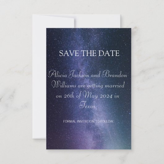 Eenvoudige elegante foto galaxy Celestial Text Wed Save The Date (Achterkant)