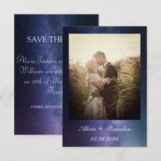 Eenvoudige elegante foto galaxy Celestial Text Wed Save The Date (Voorkant / Achterkant)