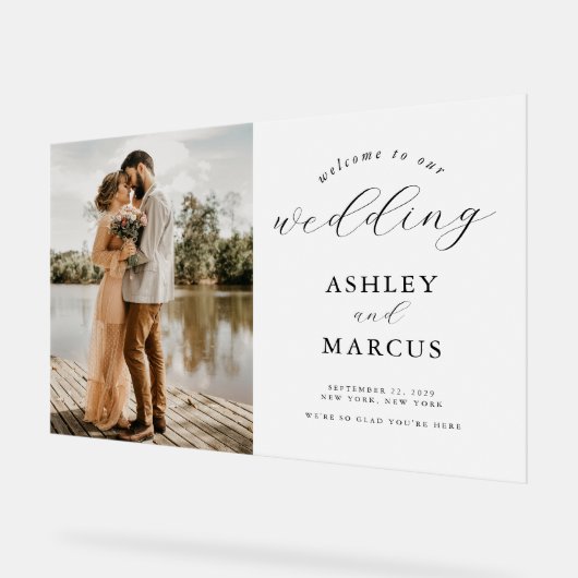 Eenvoudige Elegante Foto Huwelijk Welkom Frosted Acryl Bord (Hoek)